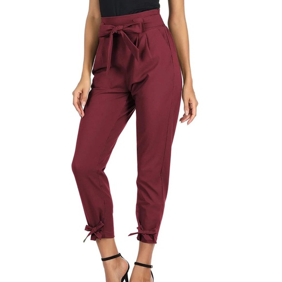 Grace Karin Burgundy Cropped Tie-Waist Pants - Picture 1 of 13